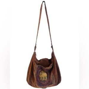 Vintage Rare Italian Beaded Brown Suede Elephant Boho Large Crossbody Hobo Bag